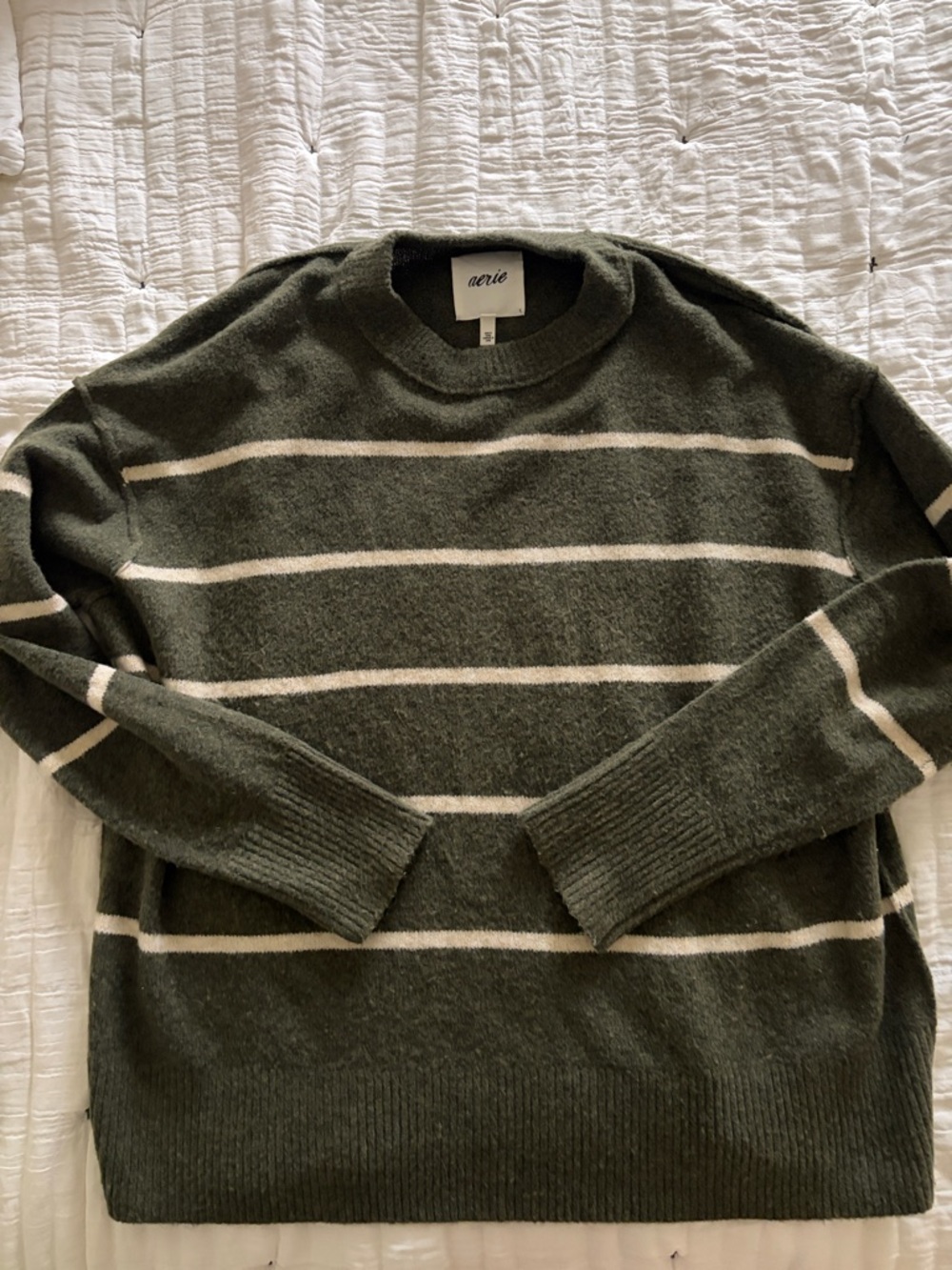 aerie Olive & Cream Striped Crewneck Sweater